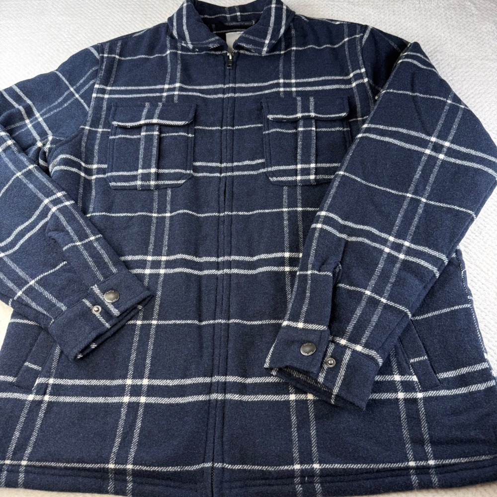 Katin Crosby Jacket Navy Marin Plaid Sherpa Lined Wool Blend Zip Up Mens Size M